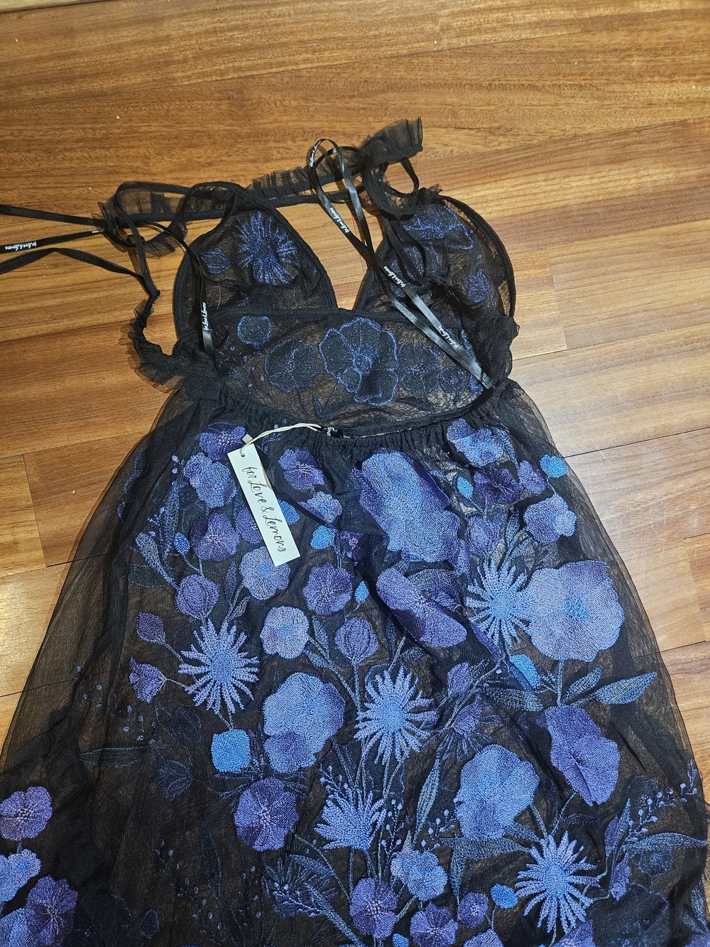 For Love & Lemons Black Sheer Dress with Purple & Blue Floral Embroidery - Picture 5 of 8